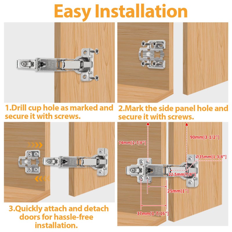 TamBee 175 Degree Hinges Frameless Cabinet Doors Hinges 48mm Concealed Hydraulic Adjustable Soft Closing Nickel-Plated Steel Buffer Dampers for Kitchen Corner,1 Pair/2Pcs (Full Overlay) - Image 5